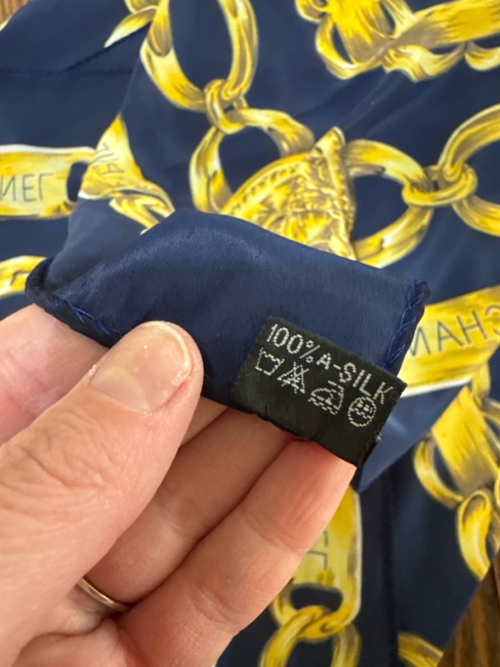Navy & Gold Chain Print Silk Scarf Luxury Style Square Scarf - Picture 4 of 11